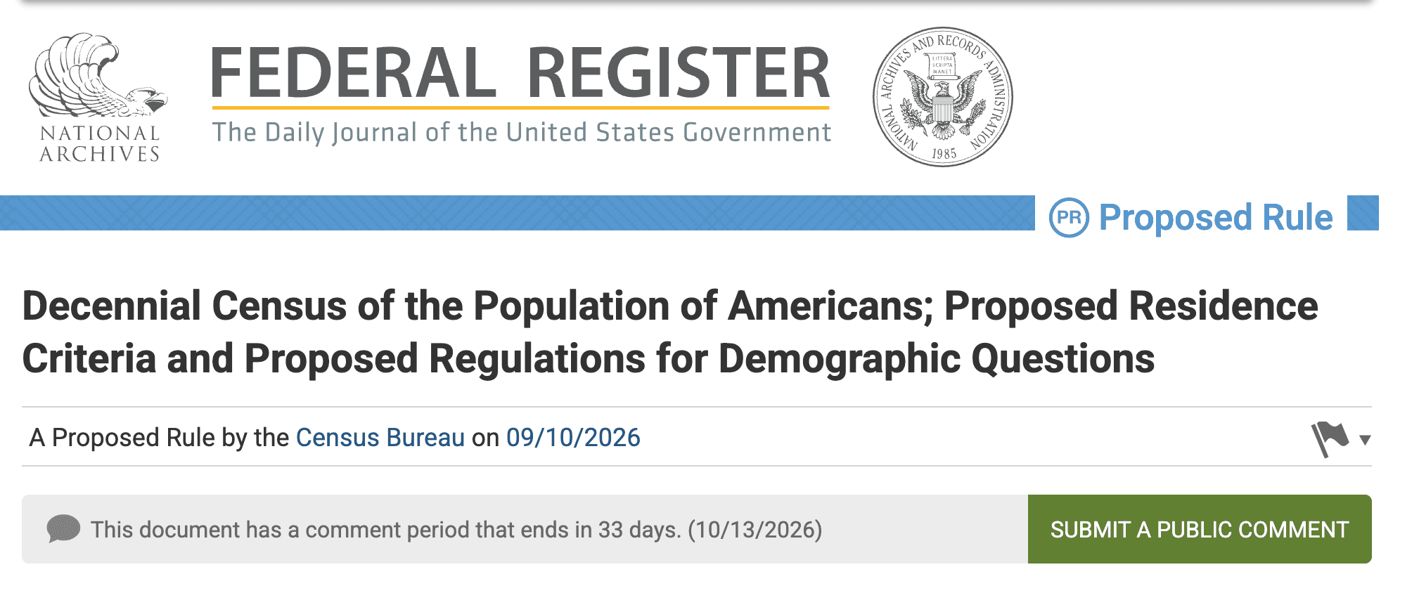 ✍🏻 Federal Register: Comment on a Proposed rule for the Census