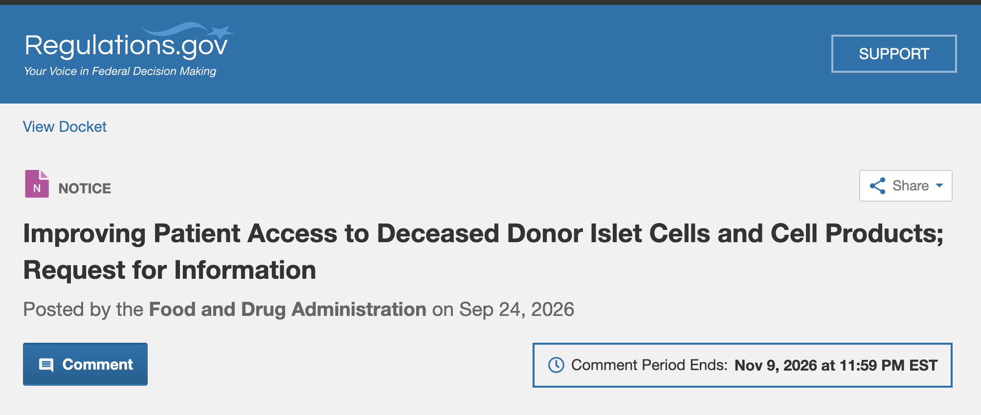 ✍🏻 Federal Register: Are Islet Cells Organs?