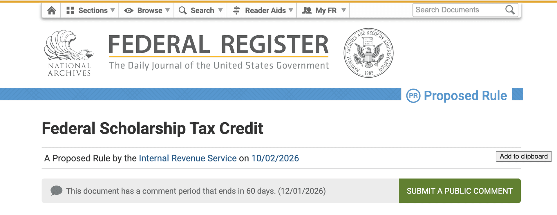 ✍🏻 Federal Register: Federal Scholarship Tax Credit